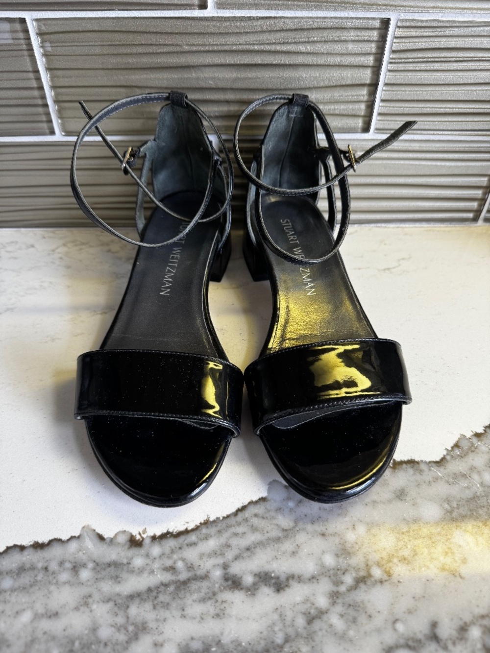 Stuart Weitzman Pewee Patent City block-heel sandals